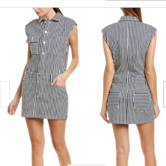 Current Elliott Blue White Striped Denim Button Up Collared Mini Dress - Size 1 - Picture 4 of 5